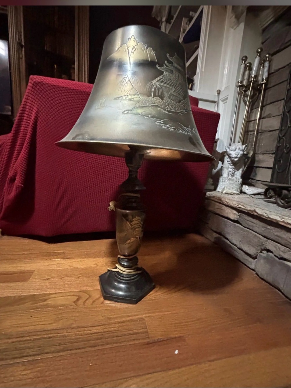 Brass engraved lamp with matching metal shade